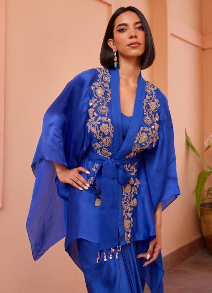 Blue Embroidered Kimono Top With Belt