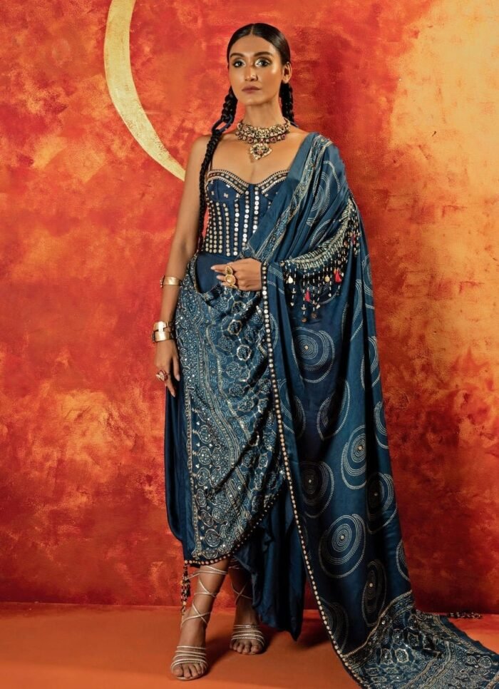 Blue Embroidered Ruffle Satin Skirt Saree