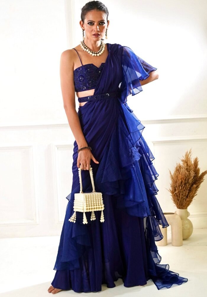 Blue Predraped Ruffle Saree