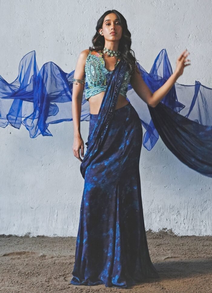 Blue Printed Chiffon Pre-Draped Saree