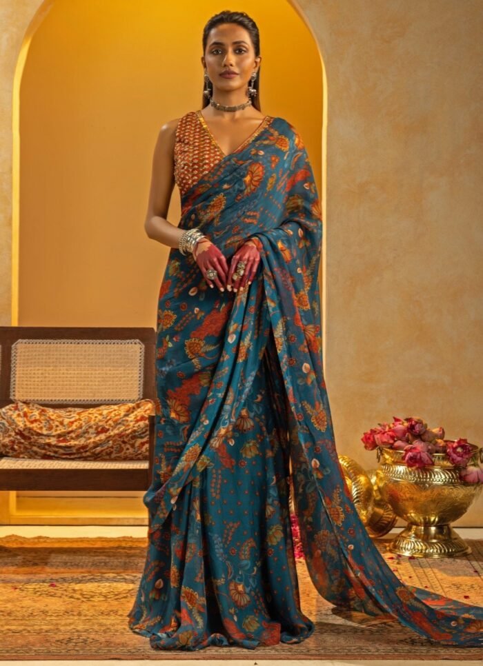 Blue Printed Organza Pre-Drape Saree Set