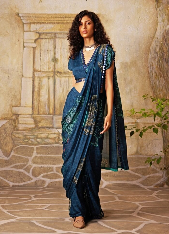 Blue Printed Pre-Draped Chiffon Saree