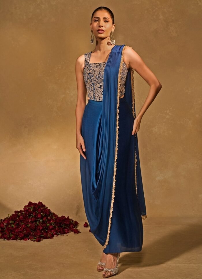 Blue Satin Chiffon Dhoti Saree With Corset