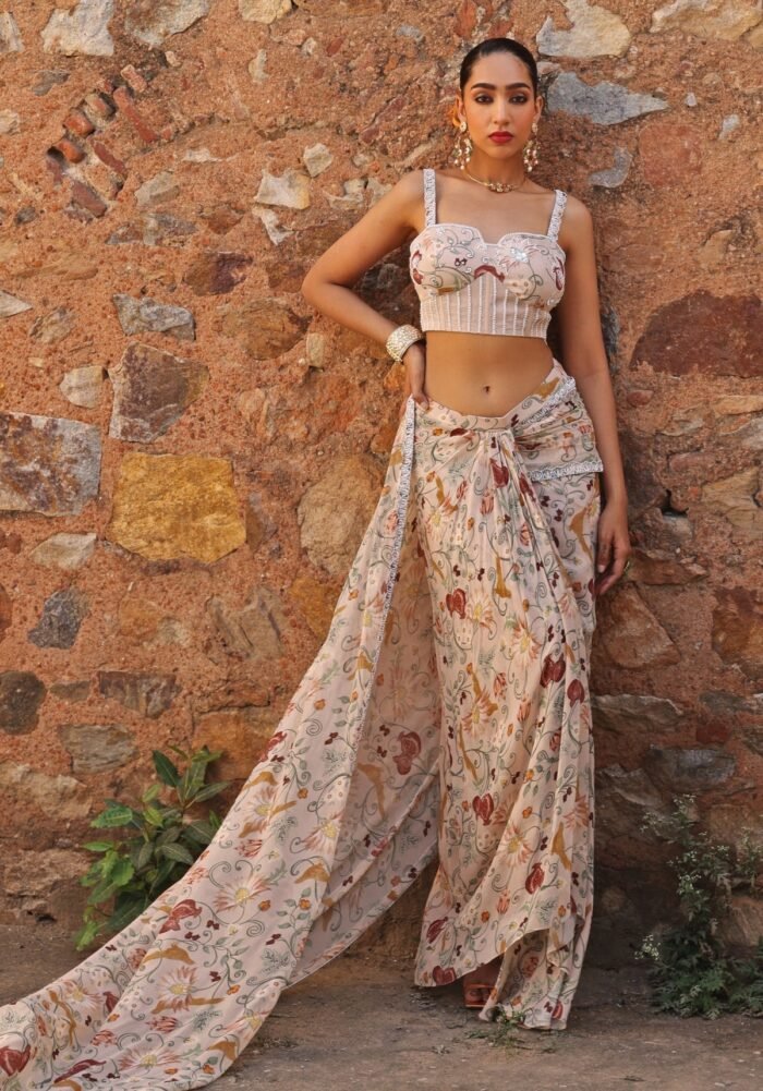 Blush Pink Draped Printed Saree Skirt Set