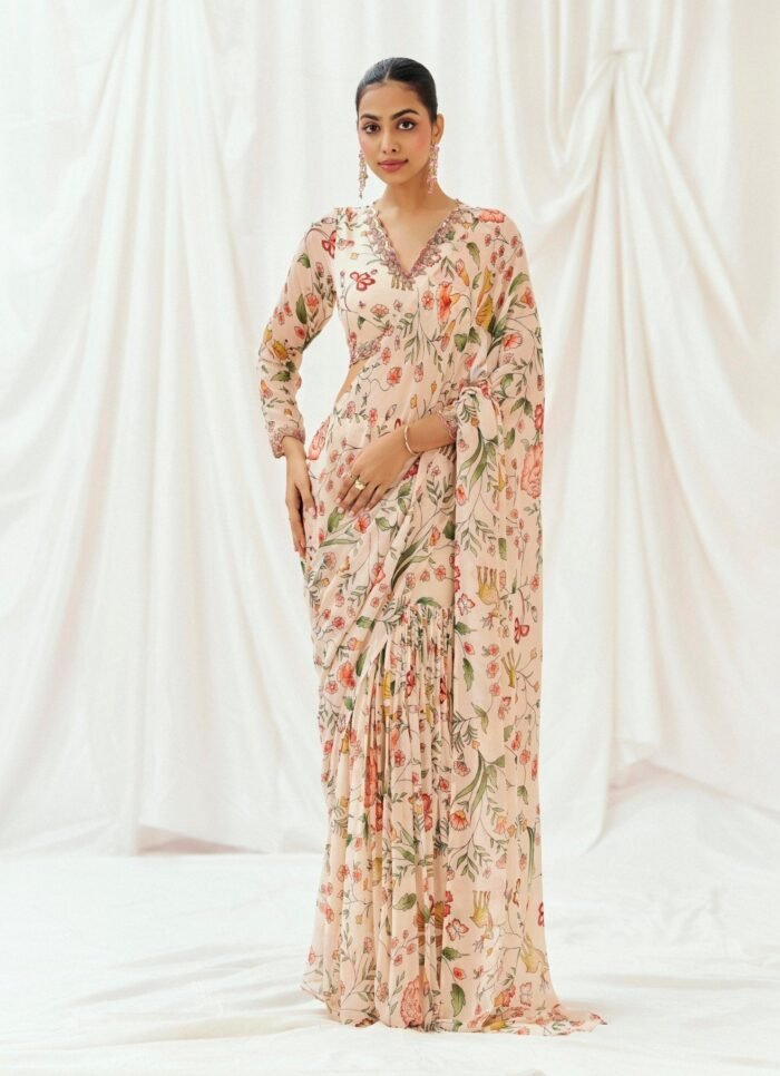 Blush Pink Printed Georgette Predraped Saree