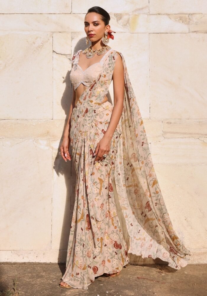Blush Pink Printed Pre Draped Saree