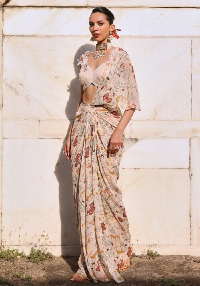 Blush Pink Printed Saree Skirt Set
