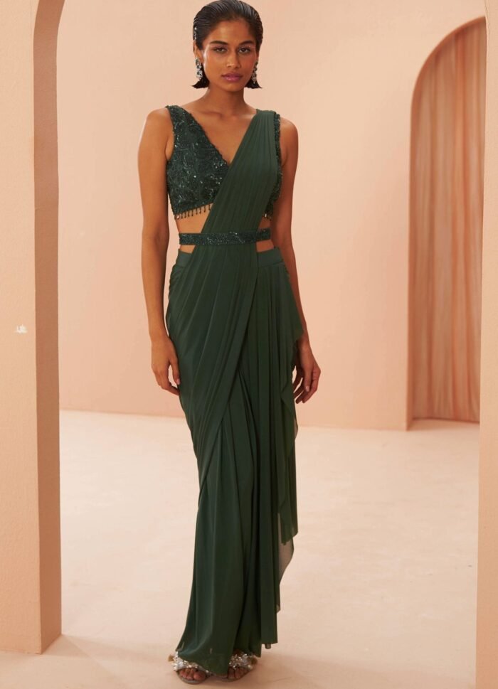 Bottle Green Pre Draped Saree With Leaf Embroidered Blouse