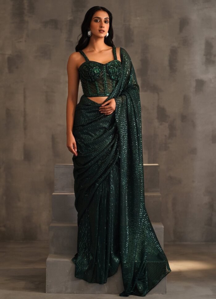 Bottle Green Lycra Predraped Sequinned Saree With Corset Blouse