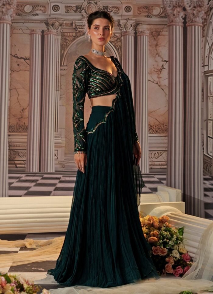 Bottle Green Pre-Draped And Embroidered Georgette Saree