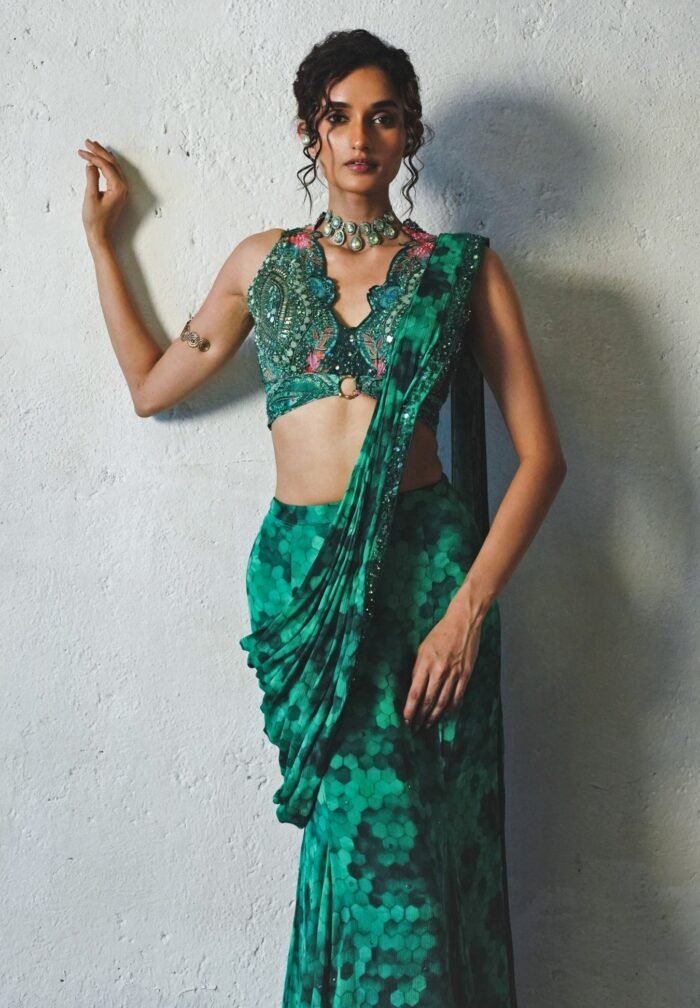 Bottle Green Printed Chiffon Pre-Draped Saree