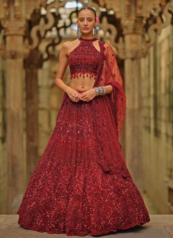 Burgundy Red Soft Net Lehenga Set