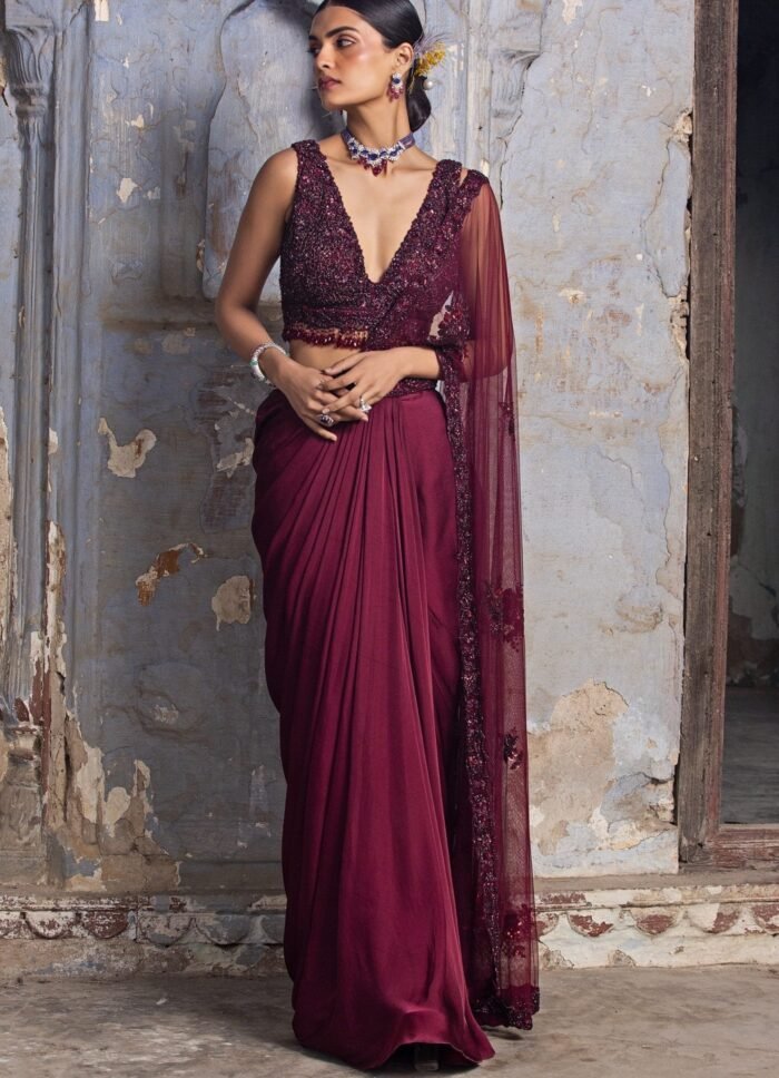 Burgundy Satin Draped Saree
