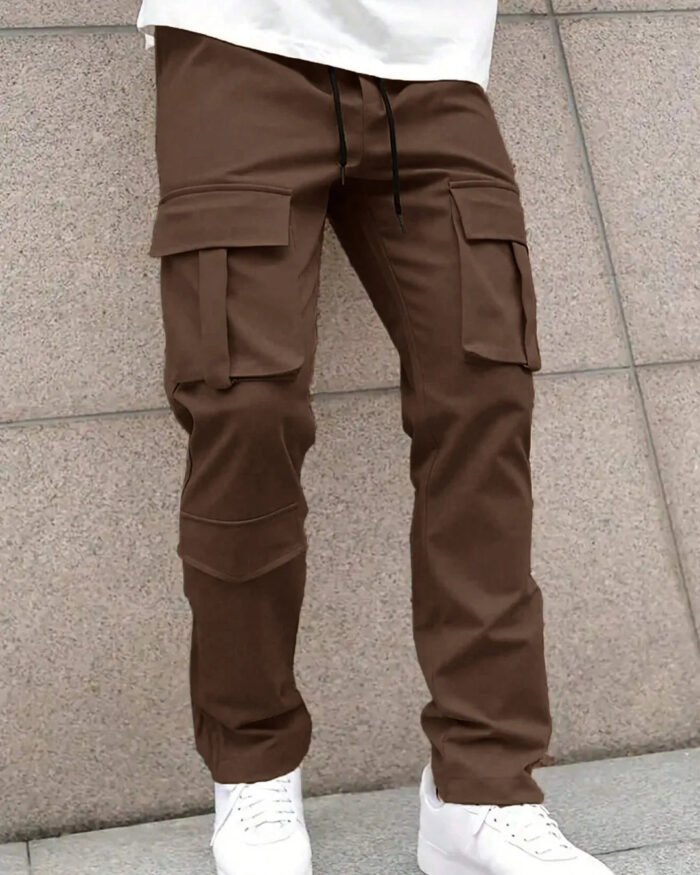 Men Solid Color Front Tie Pocket Simple Casual Straight Leg Cargo Pants In Chocolate Brown