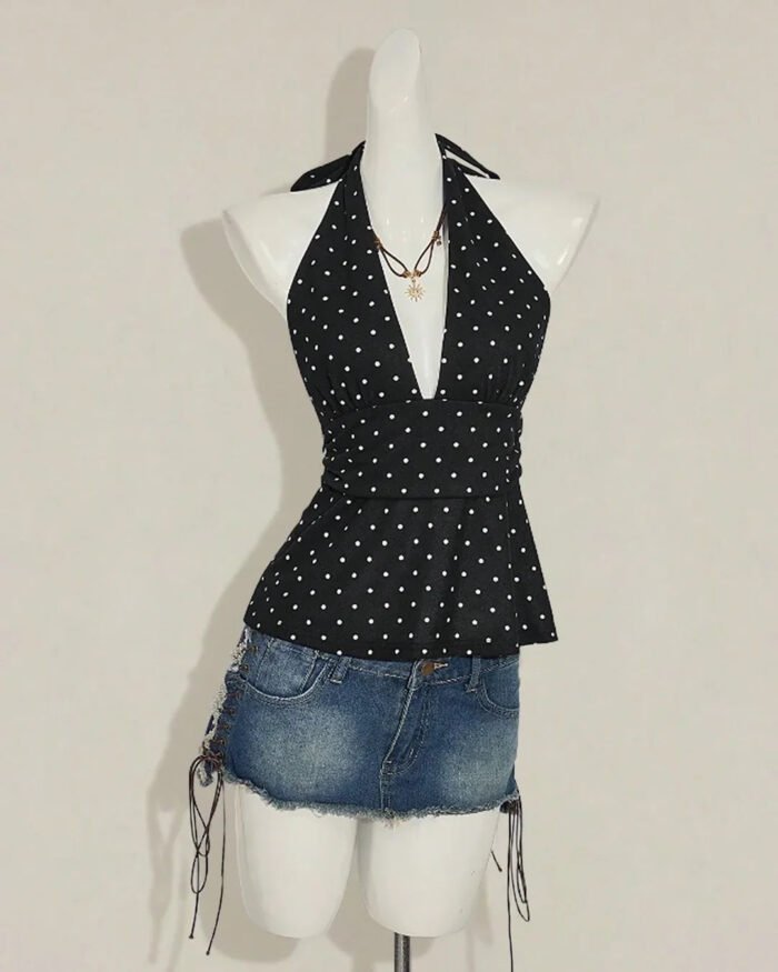 Halter Neck Deep V Polka Dot Wrap Style Top