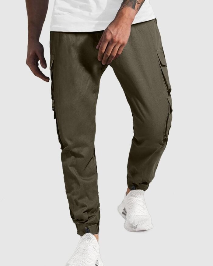 Men Streetwear Multi-Pocket Drawstring Beam Feet Olive Green Cargo Pants