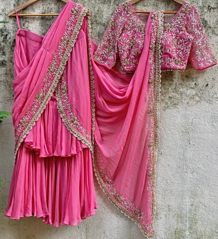 Candy Pink Draped Ruffle Saree