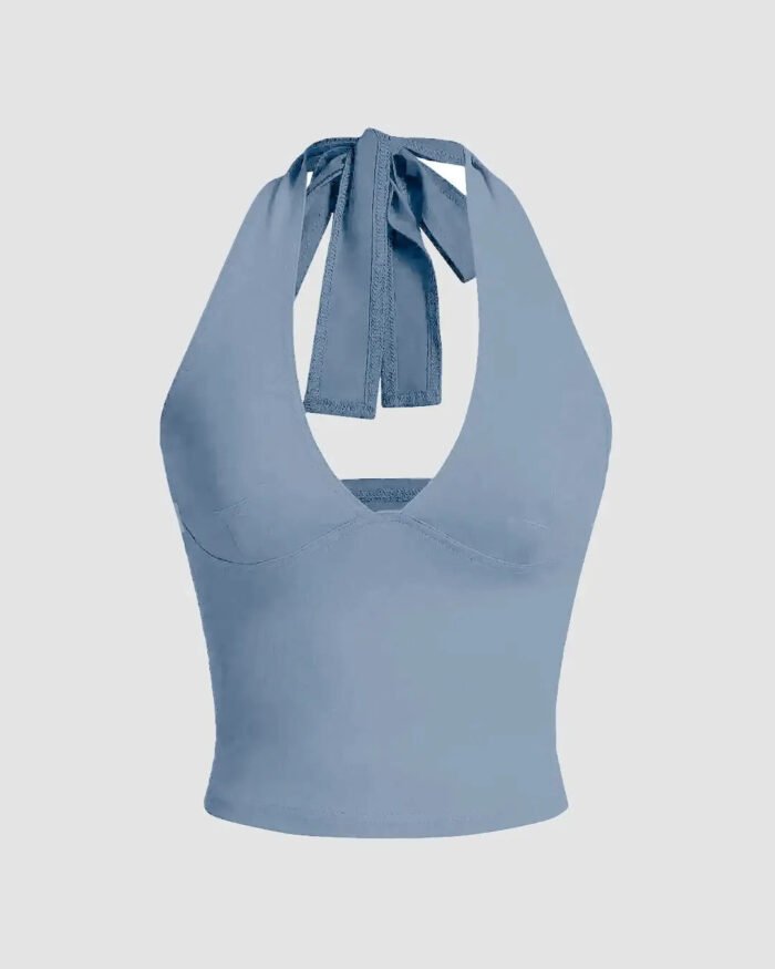 Tied Halter Neck Solid Dusty Blue Crop Top