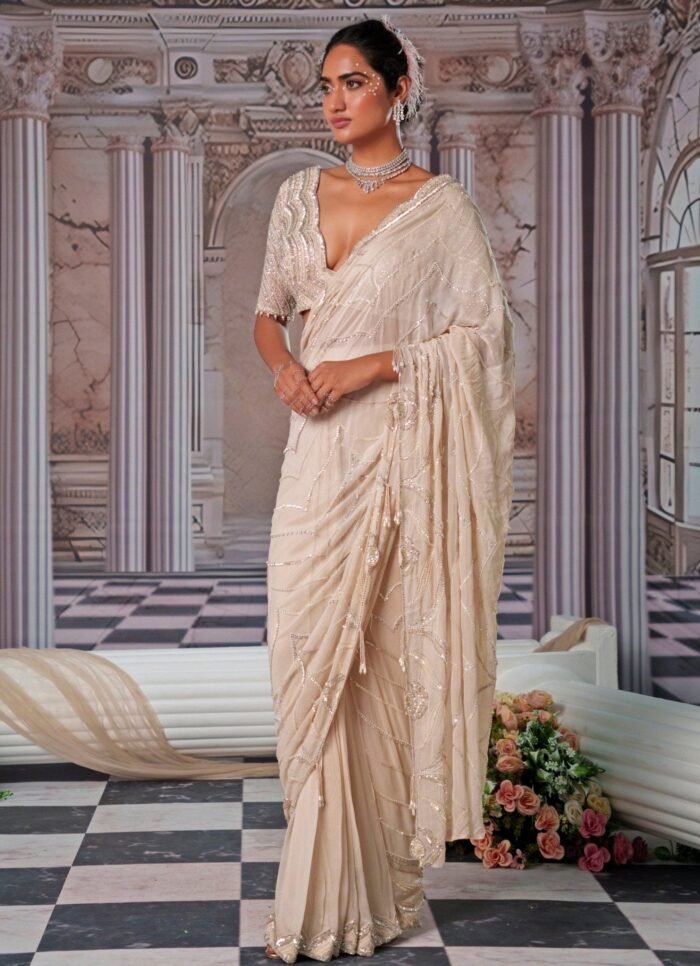 Champagne Embroidered Georgette Saree