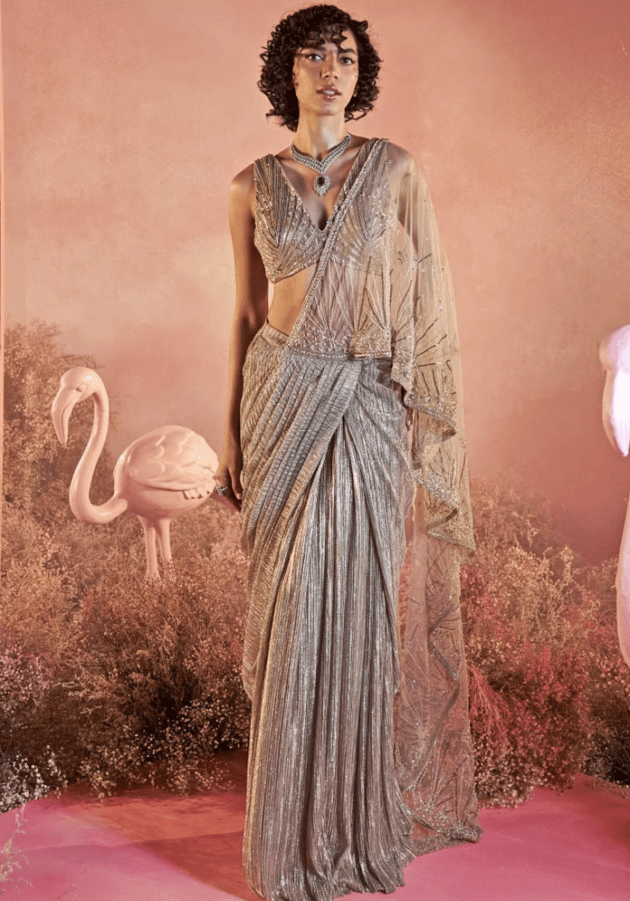 Champagne Gold Crushed Pre Draped Saree
