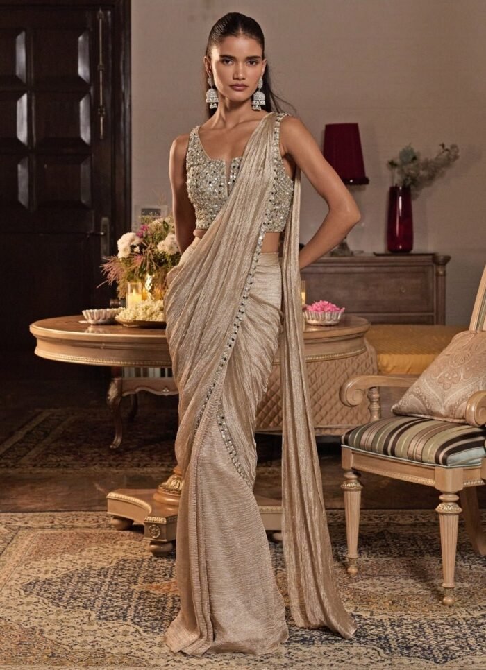Champagne Gold Tissue Pre Draped Saree