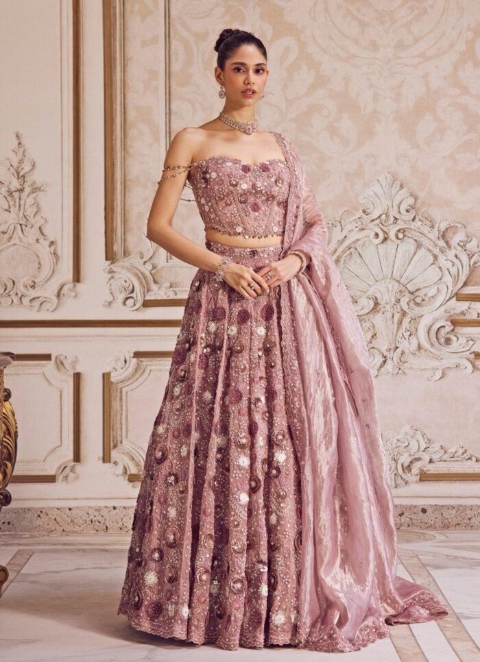 Champagne Lilac Silk Organza Lehenga Set With Corset