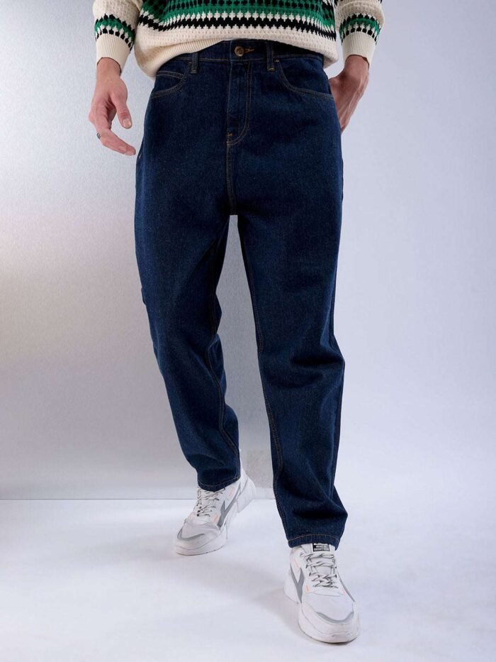 Men's Dark Blue Loose Fit Solid Casual Jeans