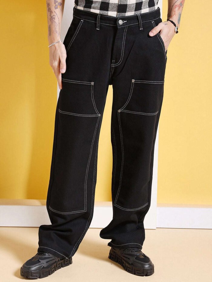 Men's Black Baggy Fit Solid Utility Jeans