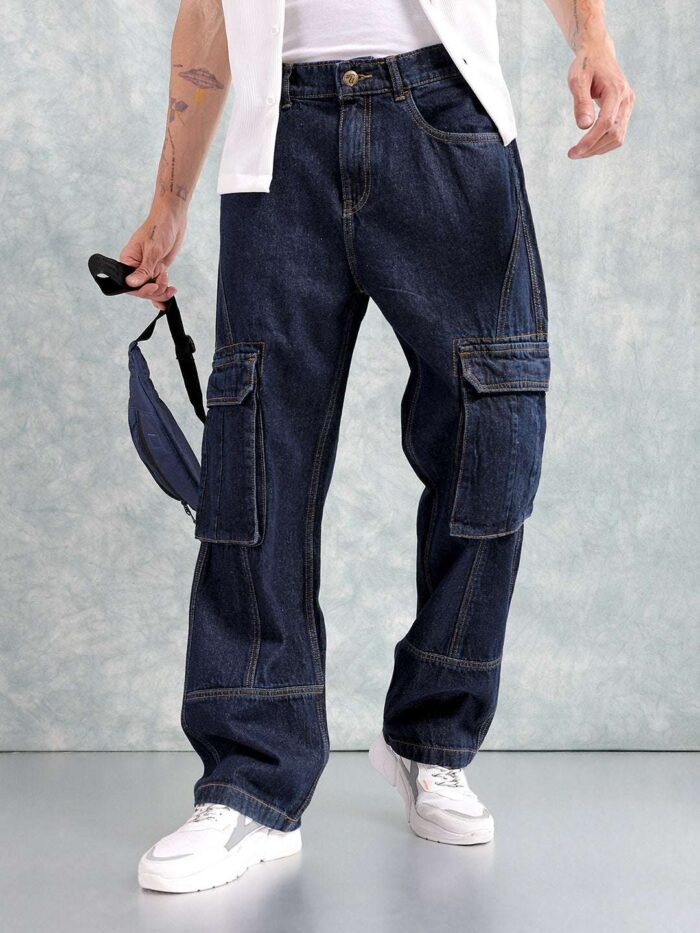 Men's Navy Relaxed Fit Distressed Mid-Rise Cargo Denim