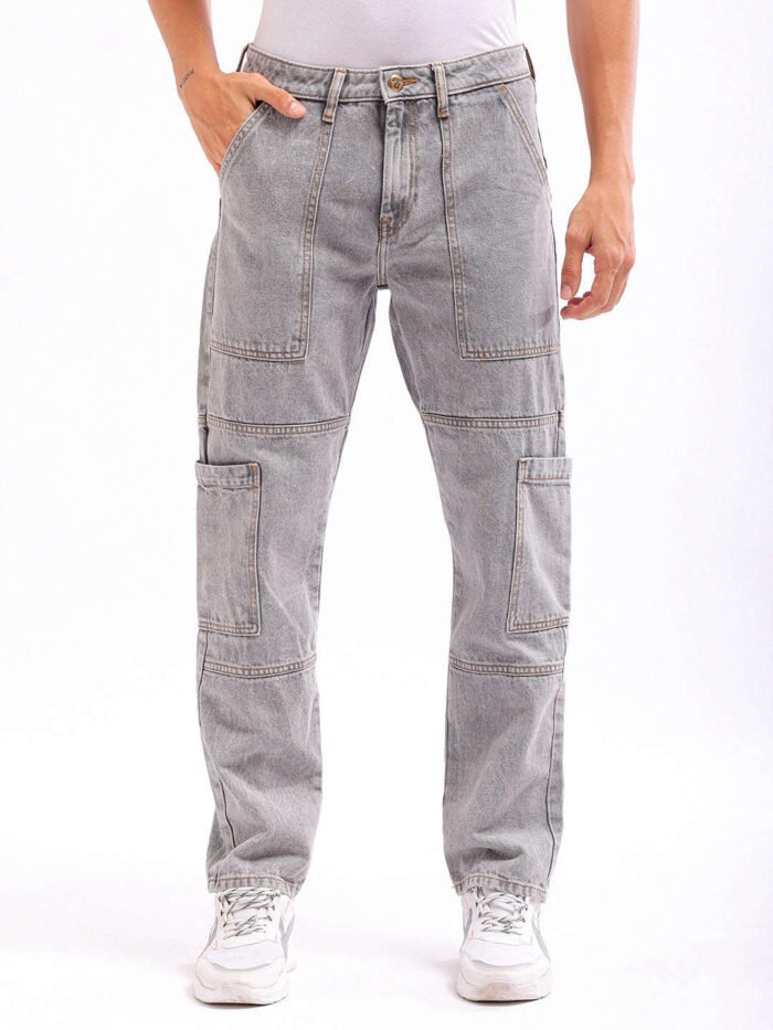 Men's Grey Dad Fit Solid Utility Jeans