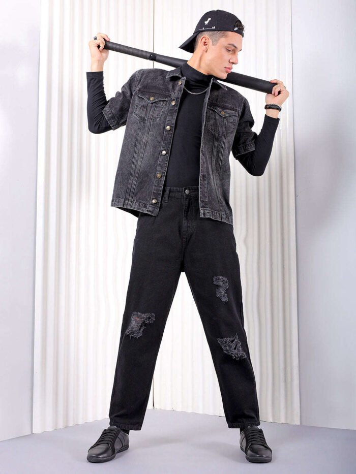 Men's Black Loose Fit Solid Street Wear Jeans