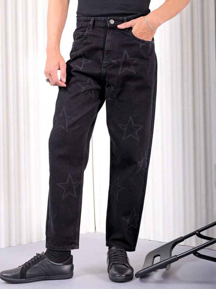 Men's Black Loose Fit Solid Street Wear Jeans