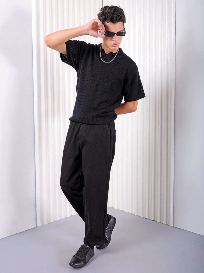 Men's Black Loose Fit Solid Street Wear Jeans