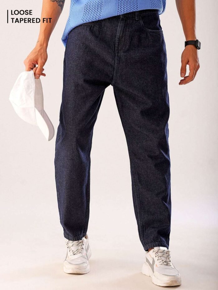 Men's Dark Blue Loose Fit Solid Casual Jeans