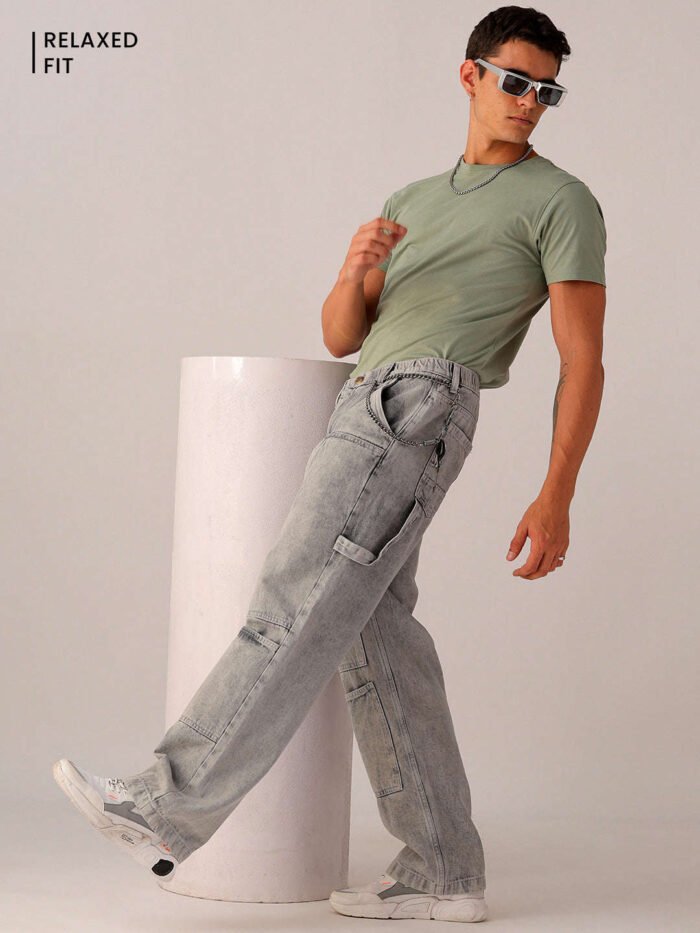 Men's Light Grey Relaxed Fit Solid Utility Jeans