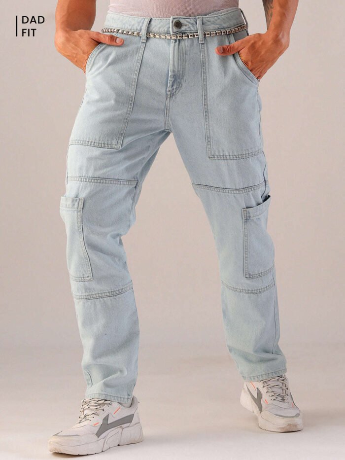 Men's Blue Dad Fit Solid Utility Jeans