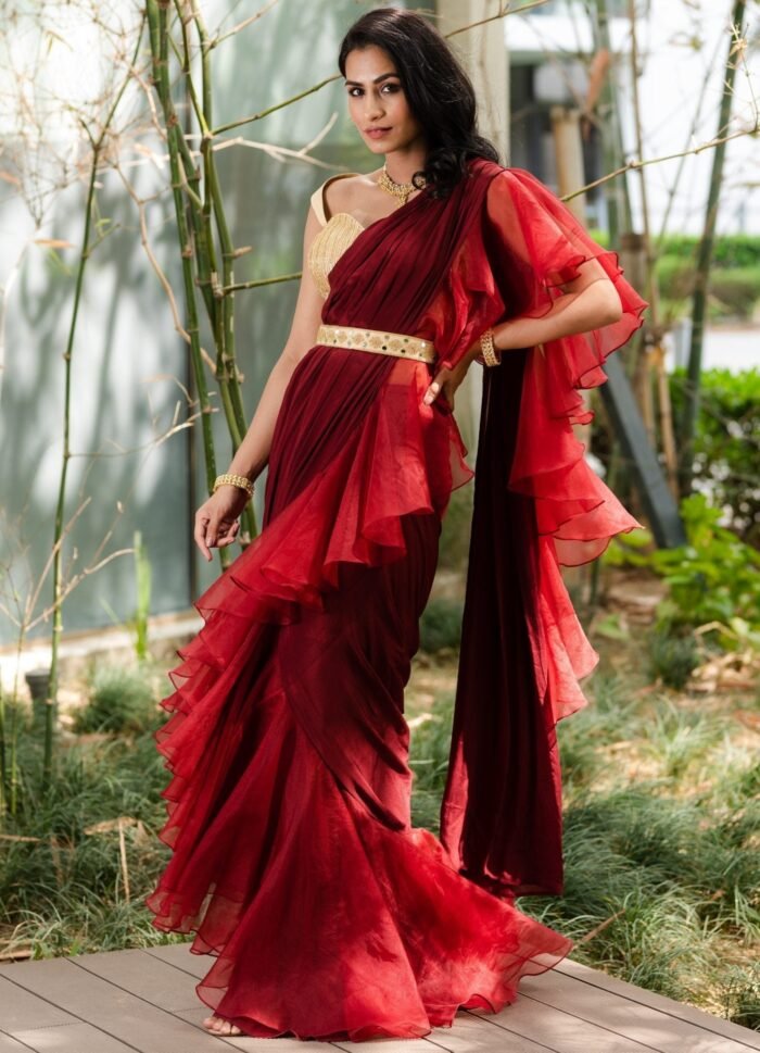 Crimson Red Predraped Ruffle Saree