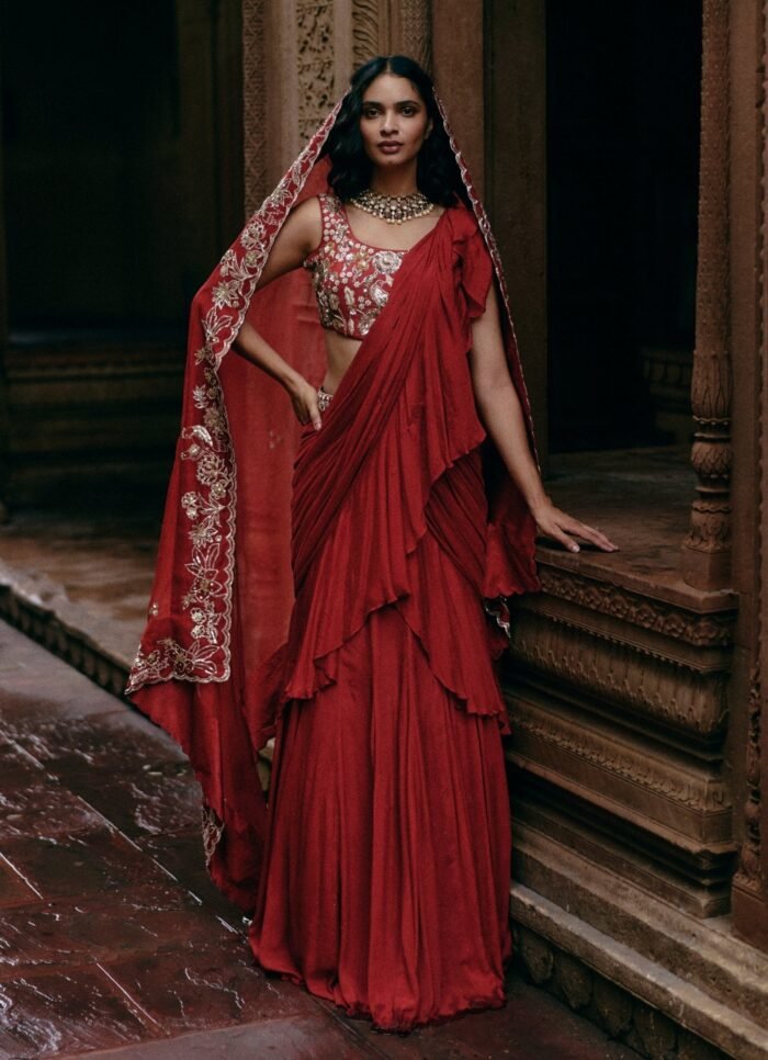 Crimson Red Chiffon Predraped Ruffle Saree