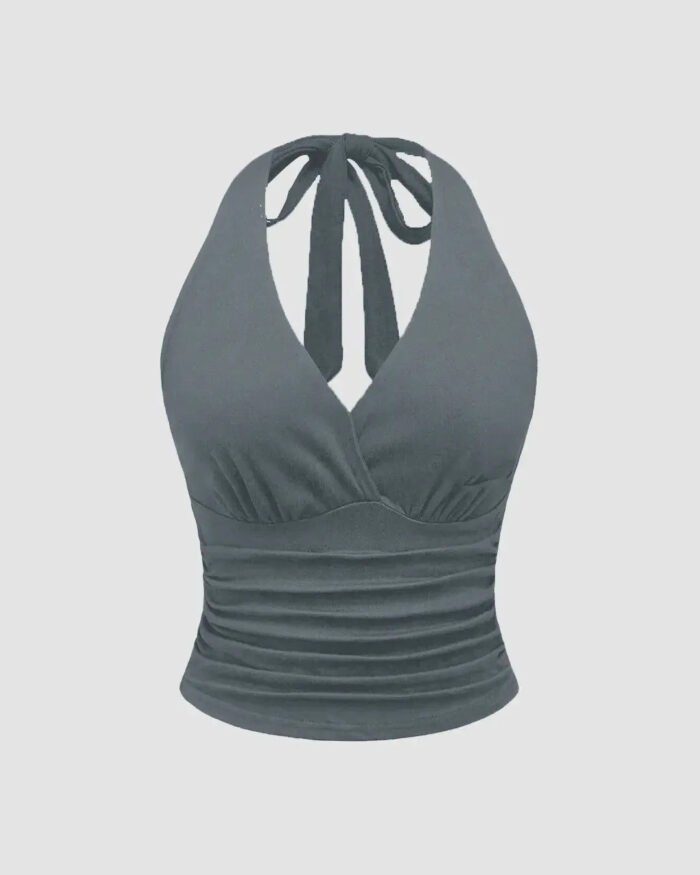 Halter Tie Waist Ruched Fitted Chic Glamour Grey Tank Top