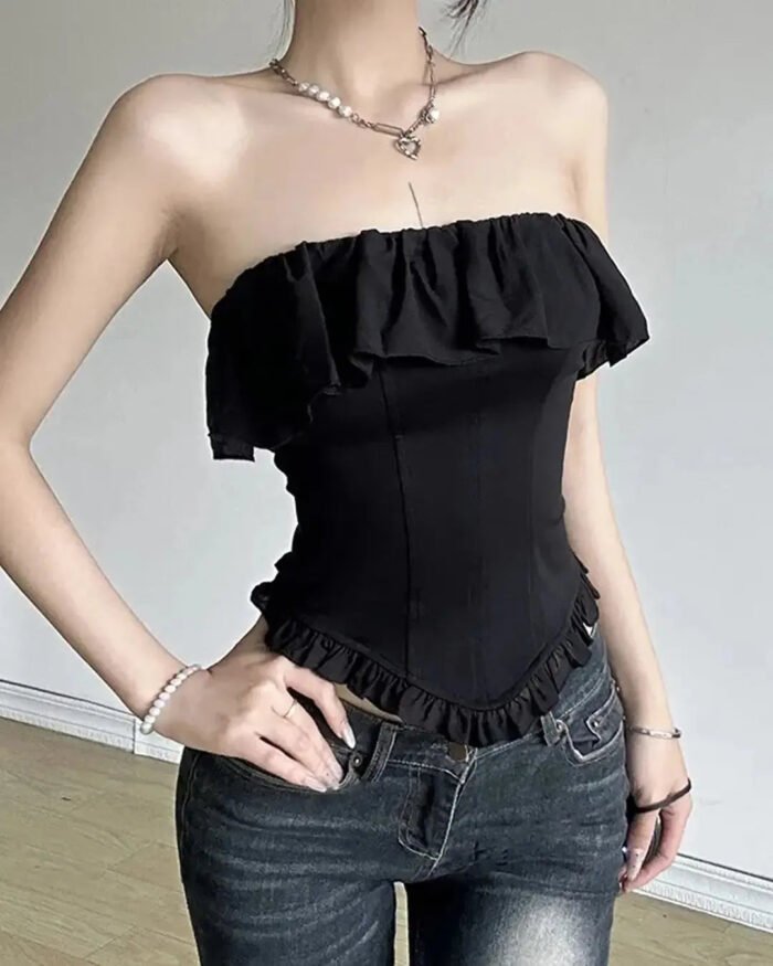 Plain Ruffled Trim Corset Tube Top In Black