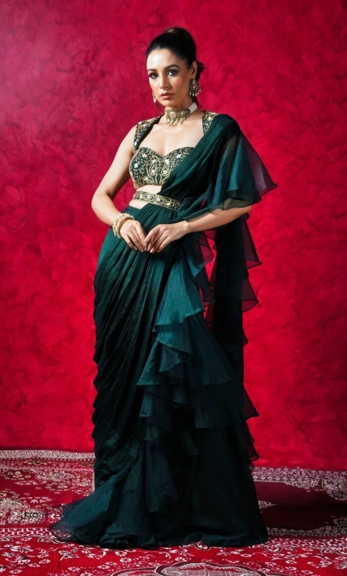 Dark Green Chiffon Ruffled Pre-Draped Saree