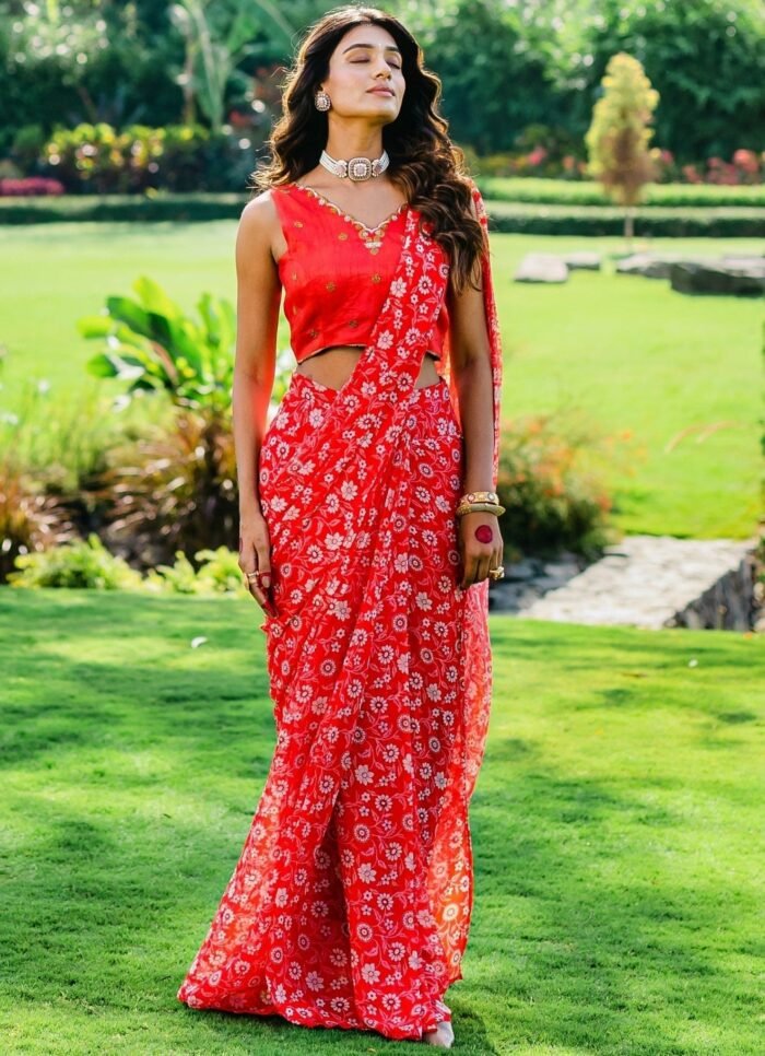 Dark Red Floral Printed Pre- Draped Saree