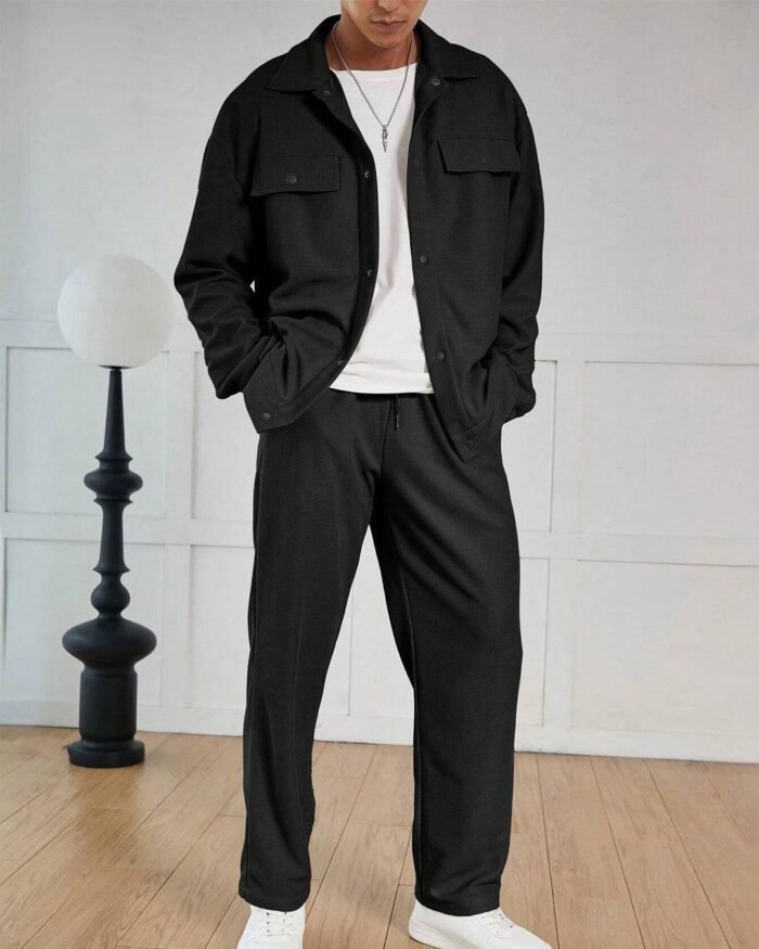 Men Waffle Texture Jacquard Shirt Set In Black