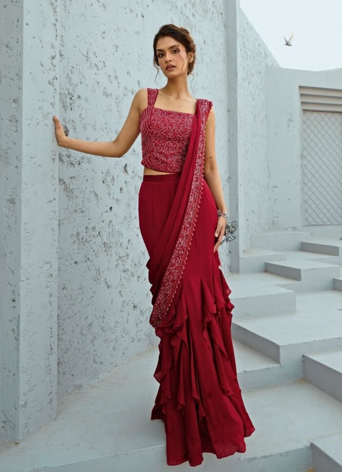 Red Embroidered Predraped Chiffon Ruffle Saree With Corset