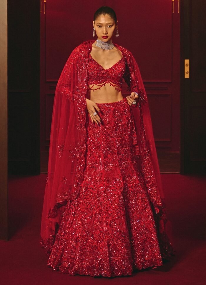 Deep Red Soft Net Mermaid Lehenga