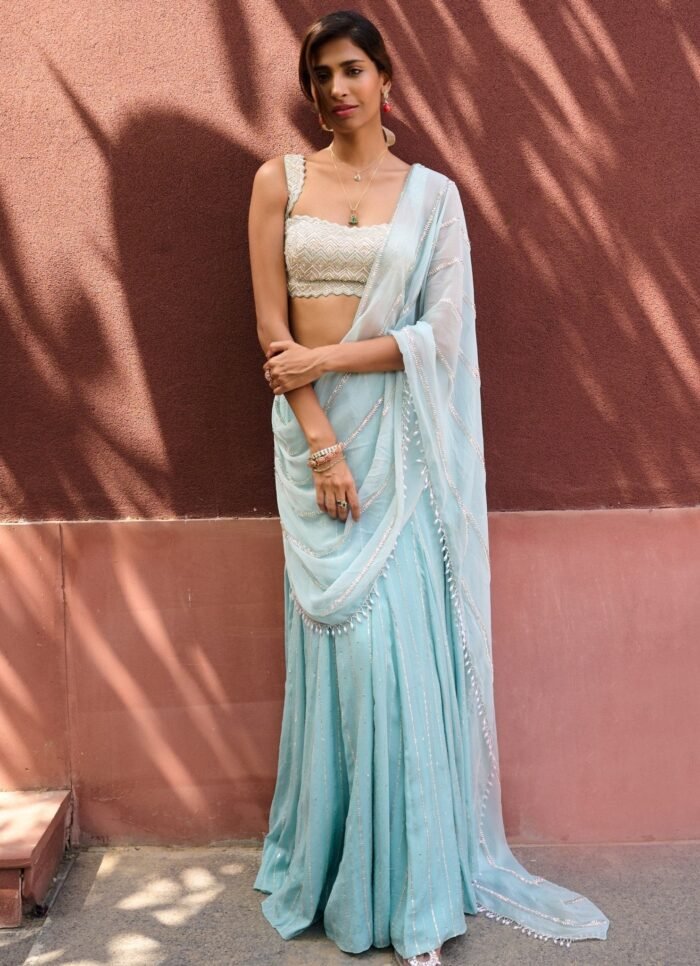 Dusty Blue Green Pre-Stitched Georgette Saree