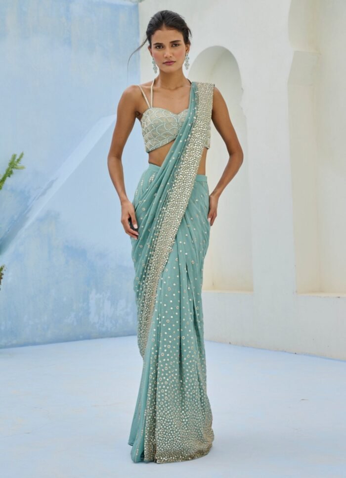 Dusty Green Georgette Predraped Saree