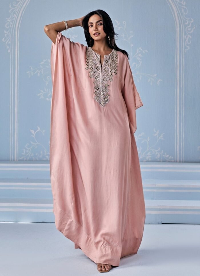 Dusty Pink Embroidered Silk Kaftan