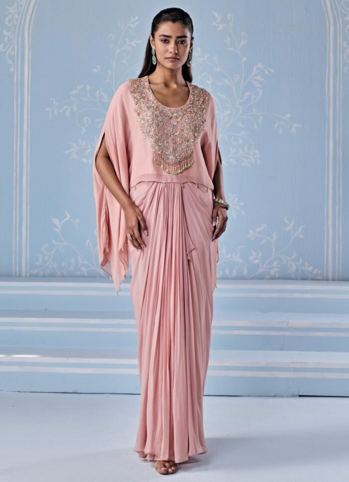 Dusty Pink Georgette Kaftan With Draped Skirt