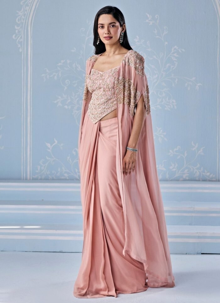 Dusty Pink Georgette Pre-Draped Saree With Corset And Cape